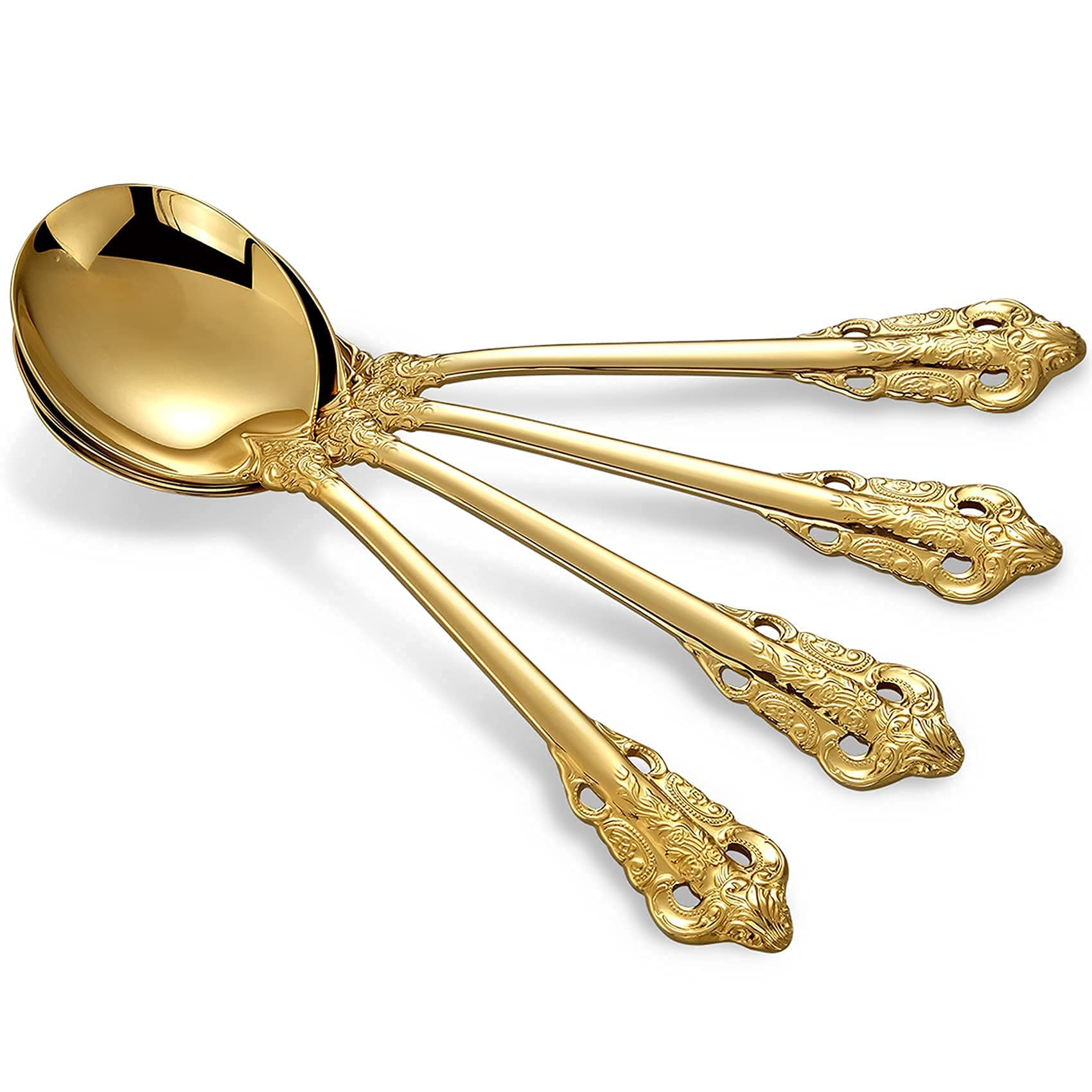 KEAWELL Gorgeous Round Soup Spoon  Set of 4  18/10 Stainless Steel  Gold Visions Bouillon Spoon  Dishwasher Safe  Fine Mirror Polished
